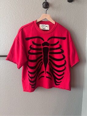 BKYS F-Terry Hurt Red Black Short-Sleeve Crop Terry Shirt Rhinestone Skeleton